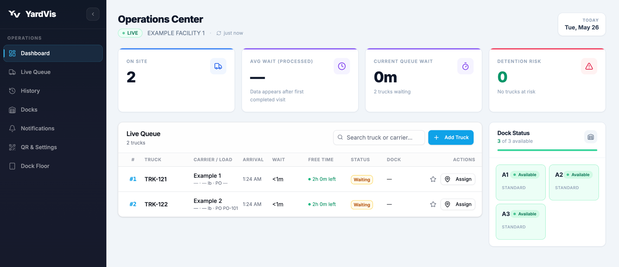 YardVis yard management dashboard showing live dock queue and driver check-ins