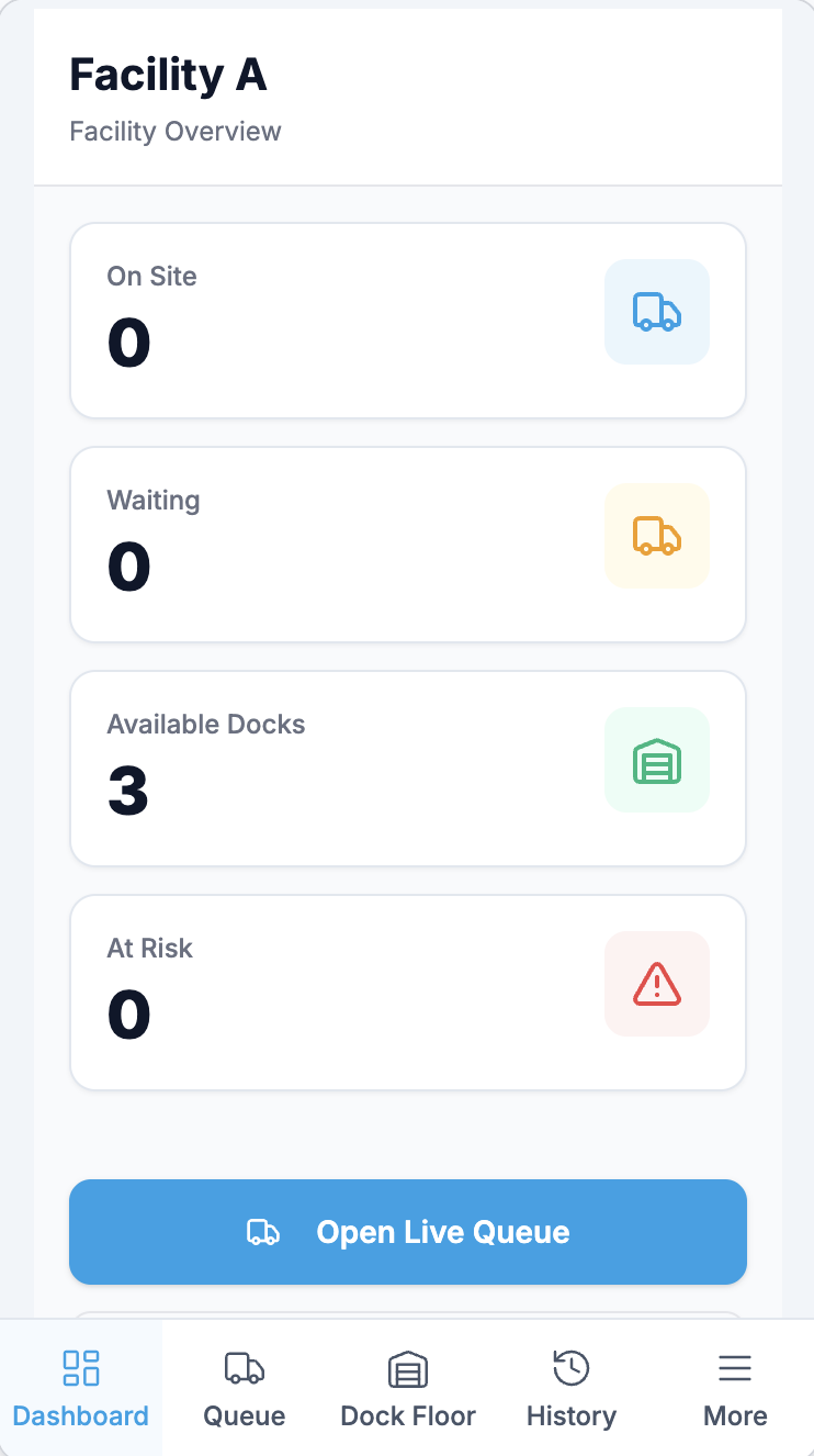 YardVis mobile view showing truck arrival status
